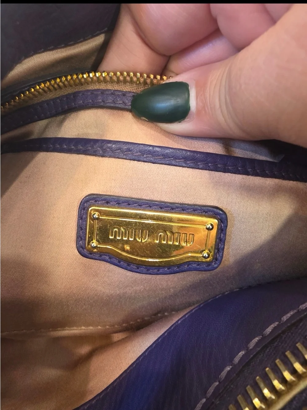 Miu Miu Violet Pebbled Leather Satchel with Gold Hardware and strap